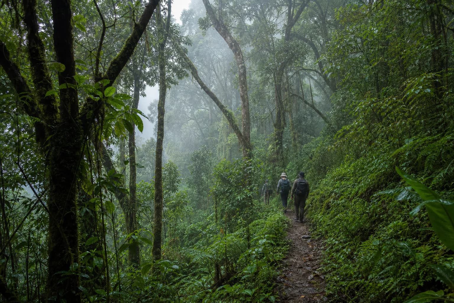 Gorilla trekking and wildlife: Misty Ugandan rainforest trail for gorilla trekking and nature journeys